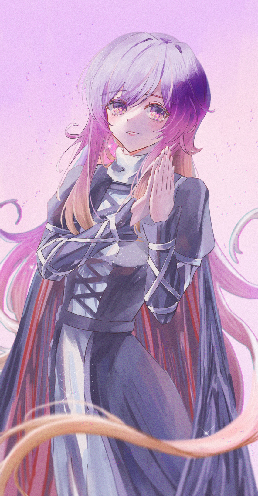 1girl, absurdres, dress, gradient, gradient_background, gradient_hair, hand_up, highres