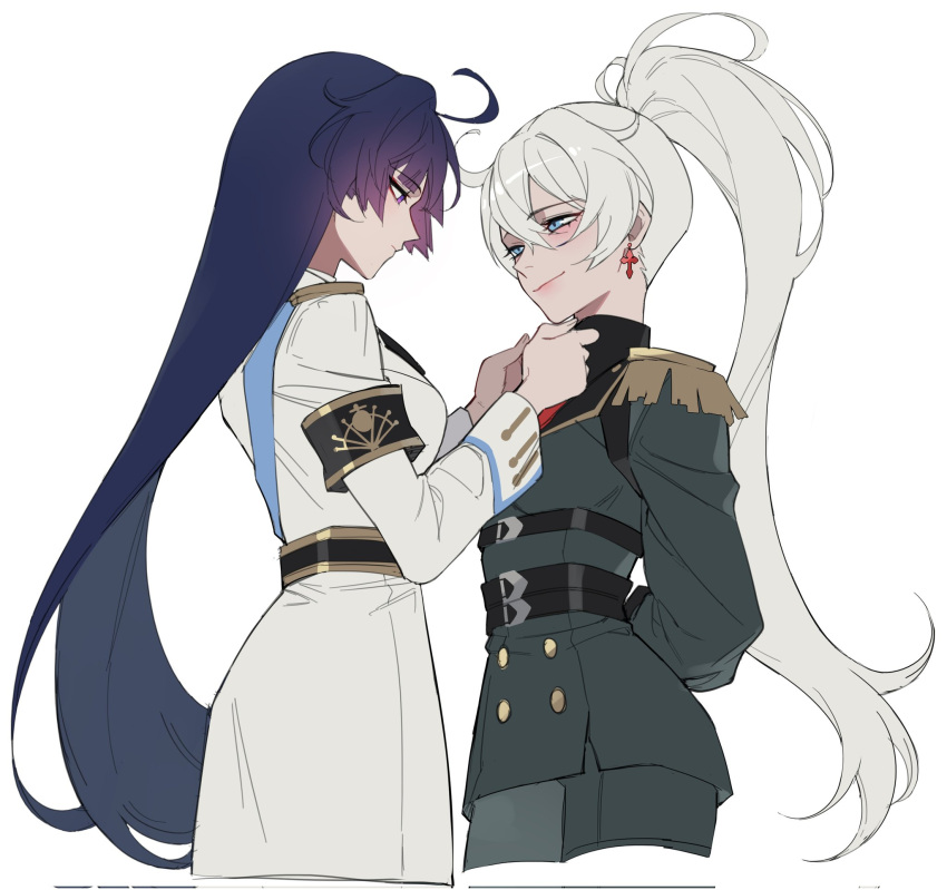 2girls, adjusting_another's_clothes, ahoge, armor, bangs, blue_eyes, blue_hair, closed_mouth