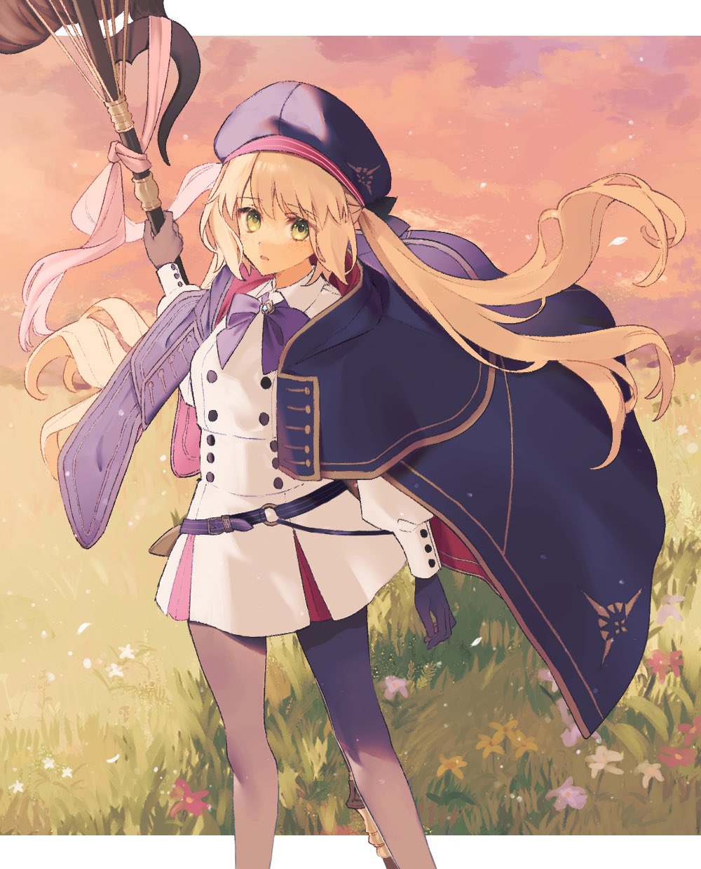 1girl, ahoge, artoria_caster_(fate), artoria_pendragon_(fate), bangs, black_gloves, black_pantyhose, blonde_hair