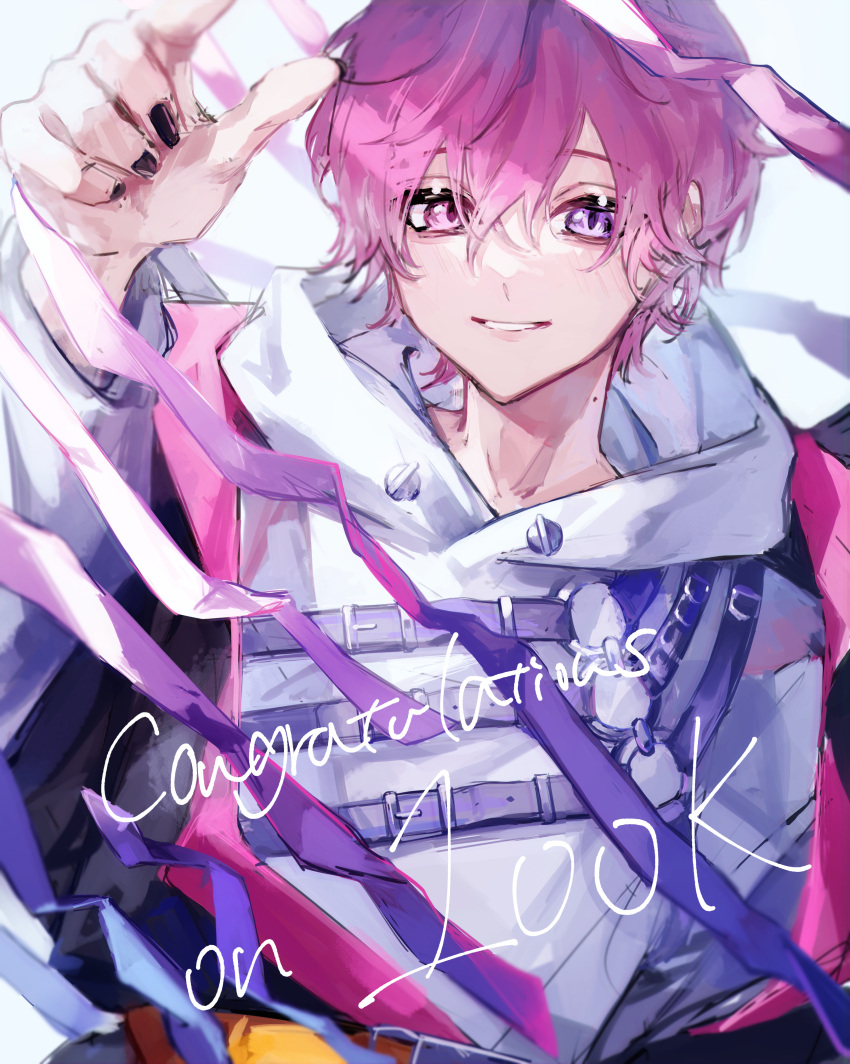 1boy, absurdres, congratulations, heterochromia, highres, hood, hood_down, hoodie