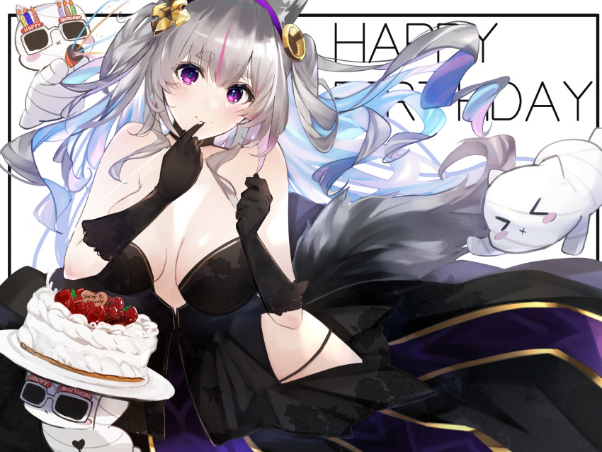1girl, animal_ears, black_gloves, dress, gloves, grey_hair, guild_cq, hair_ornament, happy_birthday, highres, multicolored_hair, rekuie_emurii, smile, tomochi_(tmc_tmc8), violet_eyes