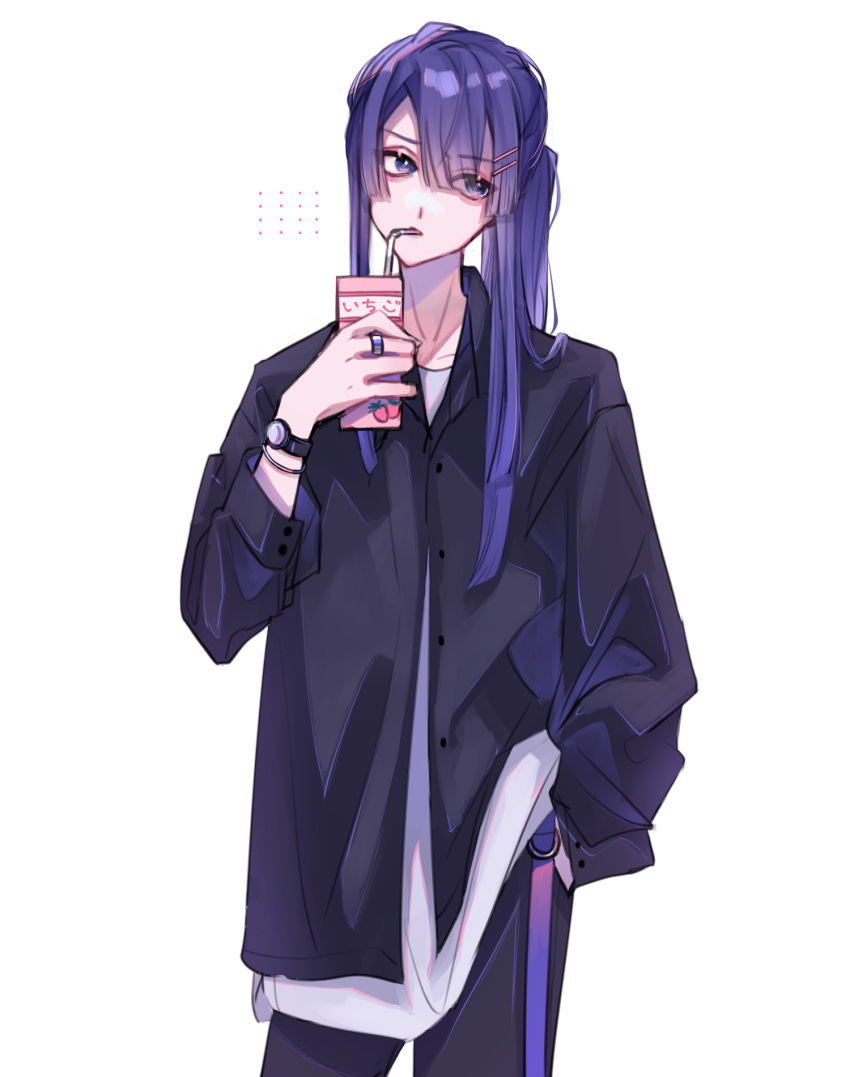 1boy, baggy_clothes, drinking_straw, facing_viewer, hands_in_pockets, highres, jewelry, long_hair
