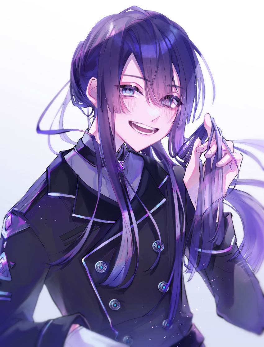 1boy, androgynous, black_coat, blue_eyes, blush, coat, highres, long_hair, long_sleeves, looking_at_viewer, male_focus, nagao_kei, nijisanji, open_mouth, ponytail, purple_hair, s_poi_l, solo, teeth, virtual_youtuber, white_background