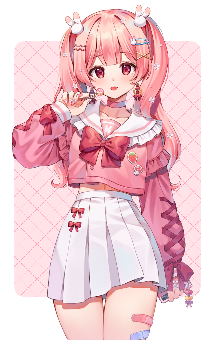 1girl, bandaid, bandaid_on_leg, bangs, bunny_hair_ornament, candy, cellphone, choker