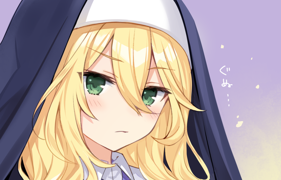 blonde_hair, blush, engage_kiss, green_eyes, habit, nun, sharon_holygrail, tsunako