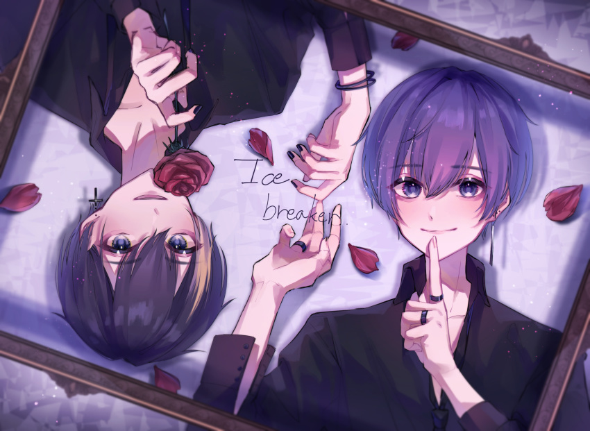 2boys, blonde_hair, brown_eyes, brown_hair, flower, highres, ice_breaker_(song), jewelry, long_sleeves, looking_at_viewer, looking_up, lying, mono_palette., multicolored_hair, multiple_boys, nail_polish, on_back, petals, purple_hair, red_flower, red_rose, rim_(utaite), ring, rose, rose_petals, s_poi_l, short_hair, utaite_(singer), violet_eyes, yukimi_(utaite)