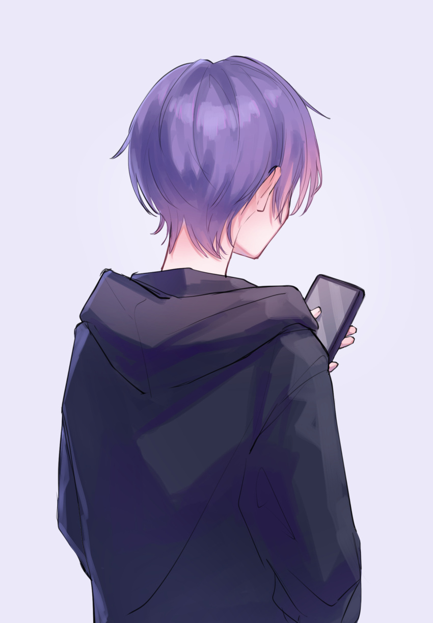 1boy, black_hoodie, facing_away, grey_background, highres, holding, holding_phone, hood