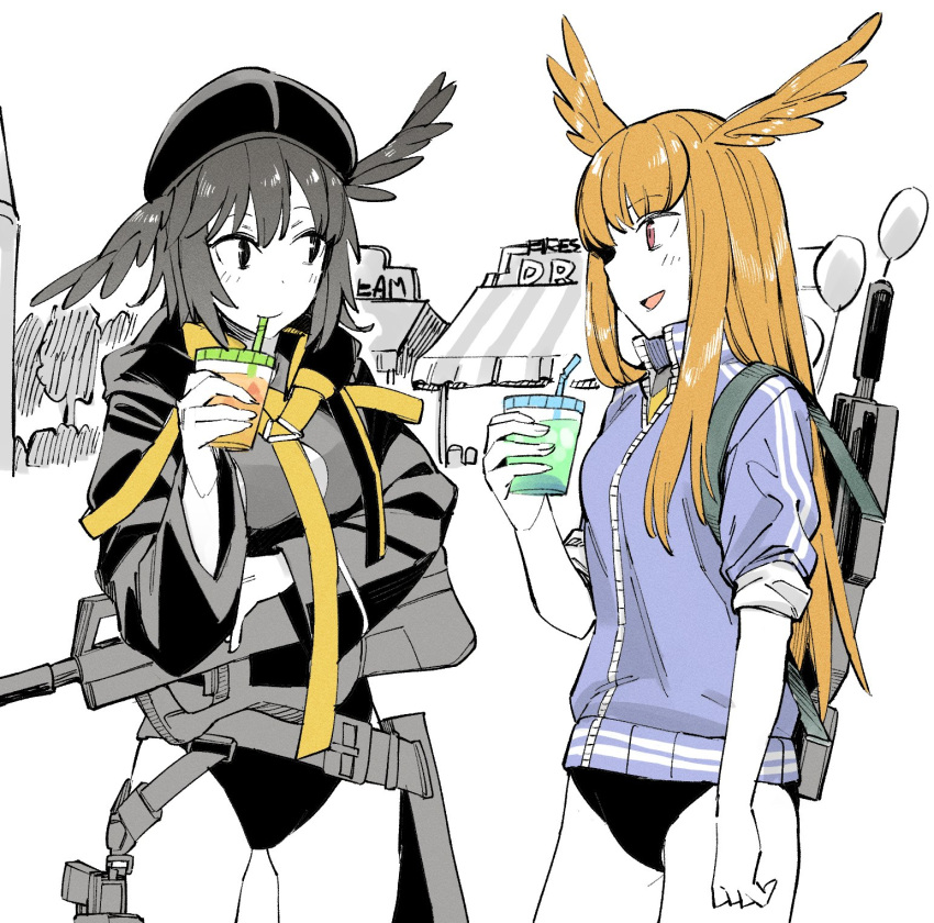 2girls, beret, black_hair, cup, disposable_cup, drinking_straw, fate/grand_order, fate_(series)