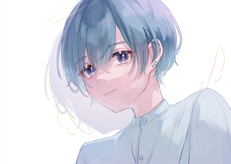 1boy, angel_wings, buttons, closed_mouth, ear_piercing, earrings, fake_wings, halo
