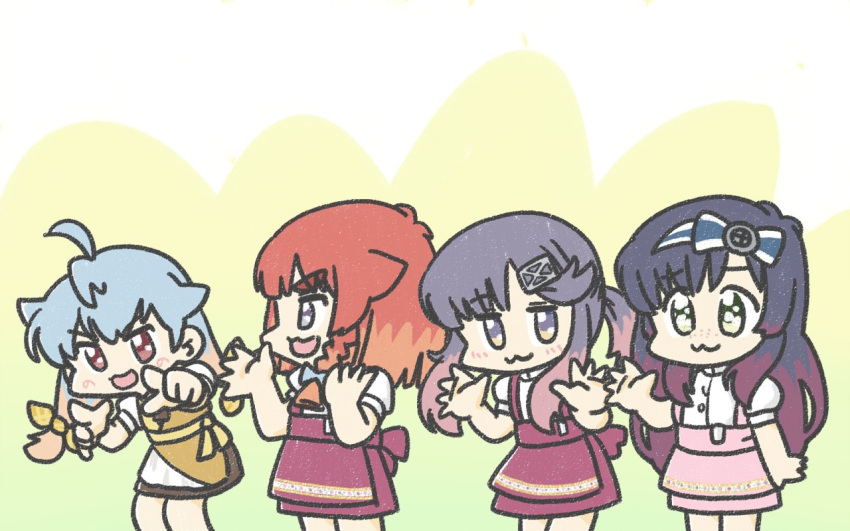 4girls, :3, alternate_costume, anna_miller, black_hair, blonde_hair, blue_hair, bob_cut, braid, chibi, commentary_request, etorofu_(kancolle), ferretsan7, gradient_hair, green_eyes, kantai_collection, long_hair, looking_at_viewer, matsuwa_(kancolle), multicolored_hair, multiple_girls, orange_hair, pink_skirt, pointing, purple_hair, purple_skirt, red_eyes, redhead, sado_(kancolle), shirt, short_hair_with_long_locks, side_braid, sidelocks, skirt, smile, thick_eyebrows, tsushima_(kancolle), twin_braids, violet_eyes, waitress, waving, white_shirt