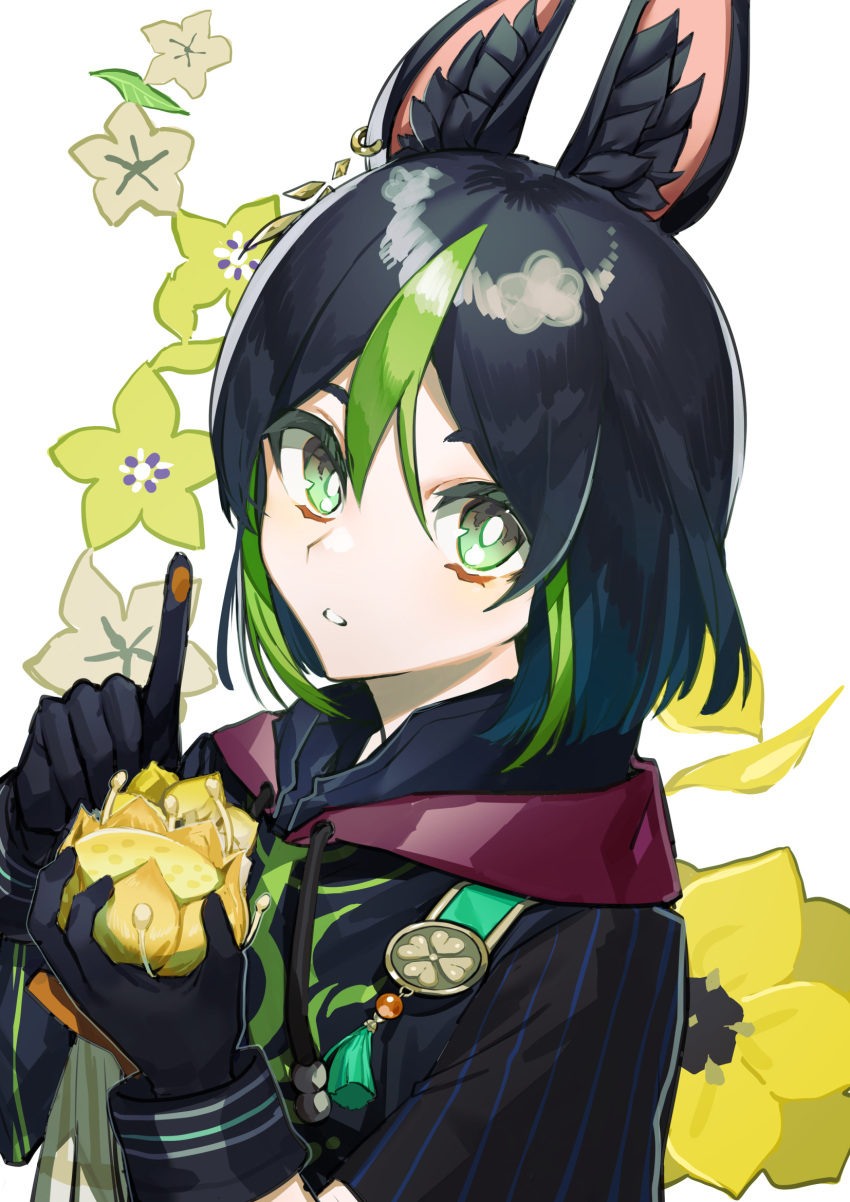 1boy, animal_ears, bangs, black_gloves, black_hair, earrings, flower, fox_boy, fox_ears, genshin_impact, gloves, green_eyes, green_hair, hair_between_eyes, highres, holding, index_finger_raised, jewelry, looking_at_viewer, male_focus, manase_chiyu, medal, multicolored_hair, parted_lips, simple_background, single_earring, solo, streaked_hair, tassel, tighnari_(genshin_impact), upper_body, white_background, white_flower, yellow_flower