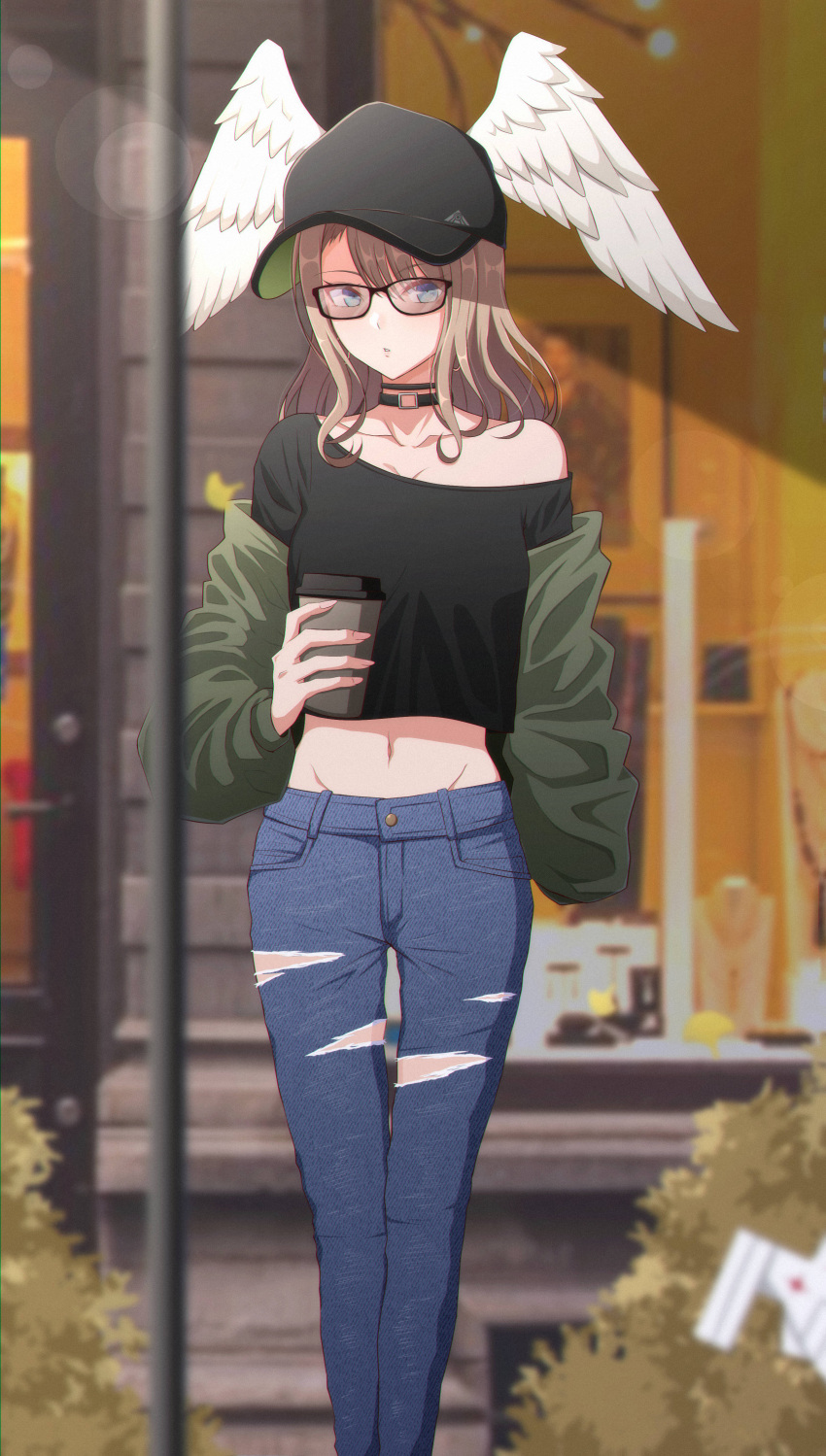 1girl, absurdres, baseball_cap, black_choker, black_shirt, blue_eyes, brown_hair, choker