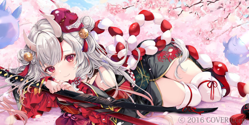 1girl, bangs, black_kimono, blush, cherry_blossoms, commentary_request, copyright_name, double_bun