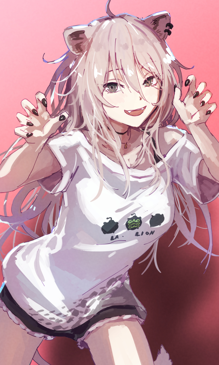 1girl, :d, ahoge, animal_ears, bangs, black_shorts, commentary_request, fangs