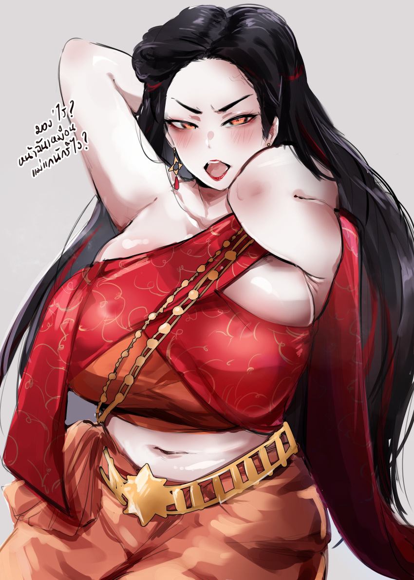 1girl, absurdres, arms_up, black_hair, blush, breasts, commentary, earrings, english_commentary, grey_background, highres, huge_breasts, jewelry, kurenaiz1, long_hair, looking_at_viewer, midriff, multicolored_hair, navel, open_mouth, orange_eyes, original, redhead, simple_background, solo, streaked_hair, thai_clothes, thai_text, translation_request