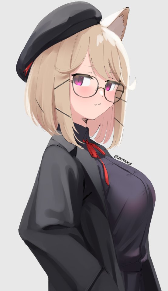 1girl, animal_ear_fluff, animal_ears, arknights, black-framed_eyewear, black_coat, black_headwear, black_shirt