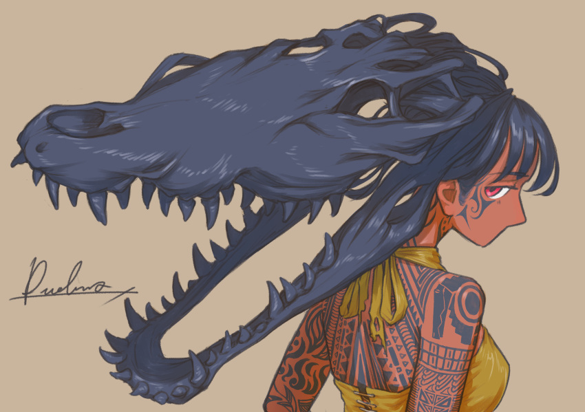 1girl, arm_tattoo, back_tattoo, bare_shoulders, blue_hair, brown_background, crocodilian, dark-skinned_female
