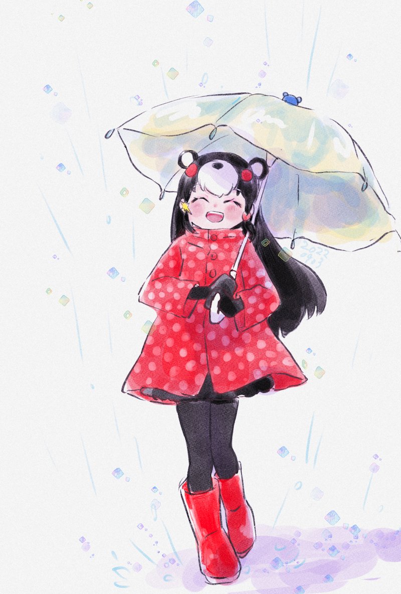 alternate_costume, animal_ears, bear_ears, bear_girl, black_gloves, black_hair, black_pantyhose, blush, boots, chibi_kumamon_(kemono_friends), closed_eyes, coat, elbow_gloves, gloves, hair_ornament, heart, heart_hair_ornament, kemono_friends, long_hair, multicolored_hair, open_mouth, pantyhose, polka_dot, pom384347, raincoat, red_coat, red_footwear, redhead, rubber_boots, sidelocks, smile, star_(symbol), star_hair_ornament, umbrella, white_hair