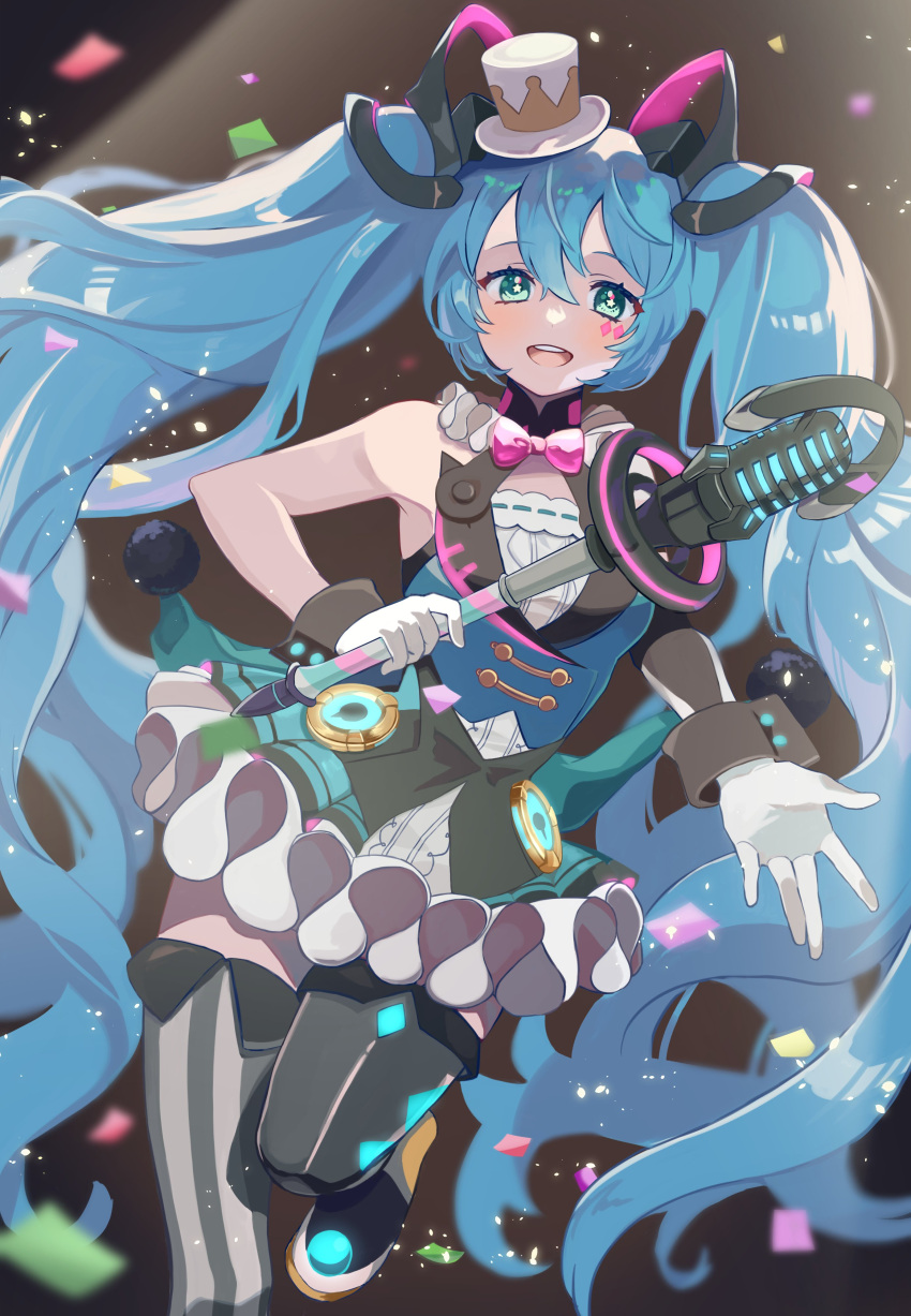 1girl, :d, absurdres, aqua_eyes, aqua_hair, asymmetrical_legwear, bangs, bow