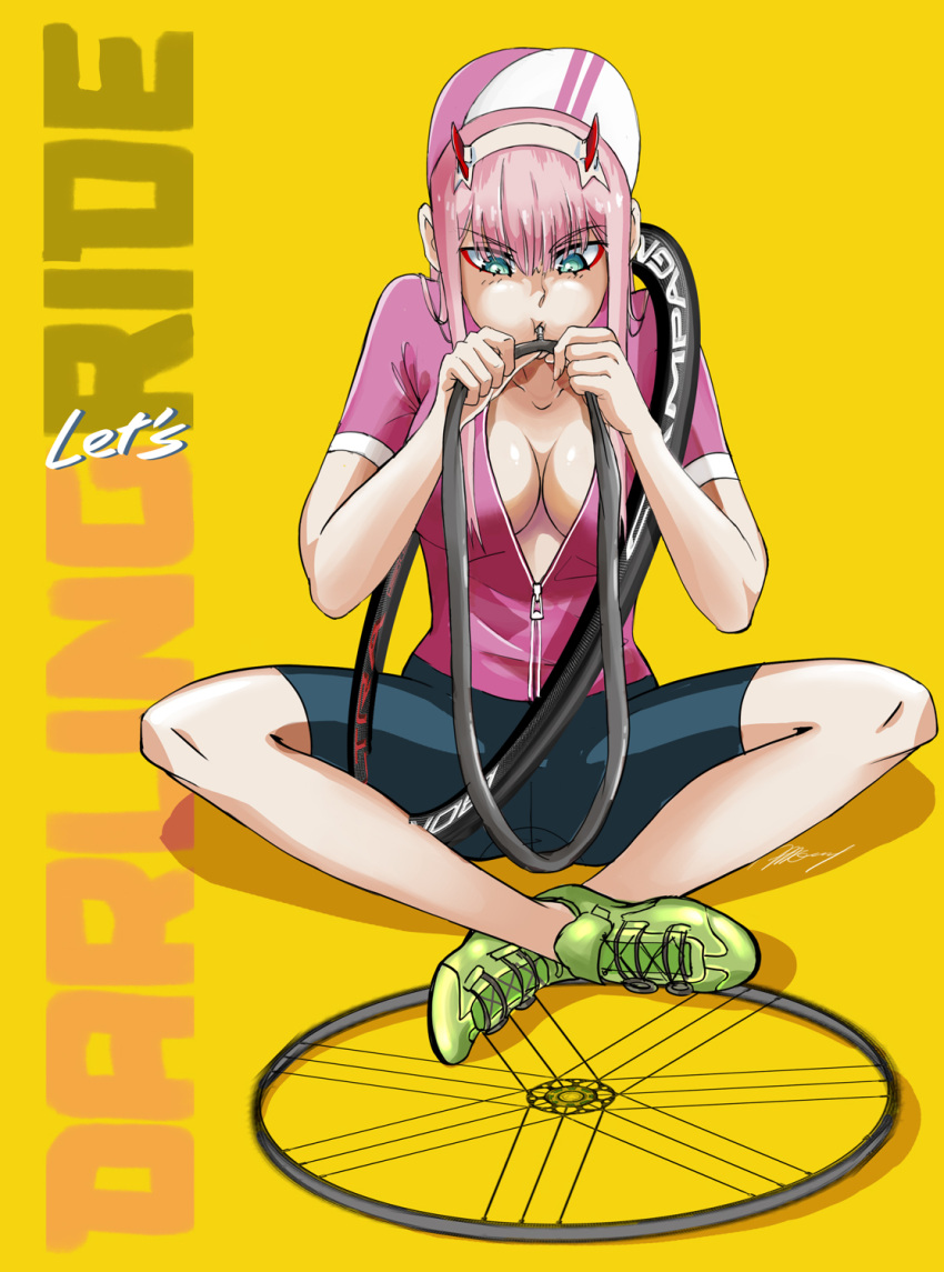 albyee, bicycle, d_vehicle, darling_in_the_franxx, flat_tire, green_eyes, ground_vehicle, highres