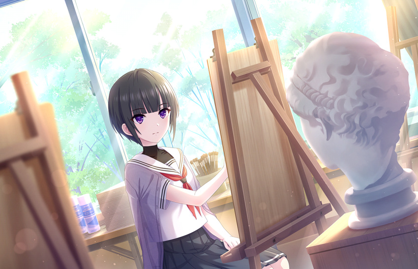 1girl, art_brush, art_room, artist_request, bangs, black_hair, black_shirt, blunt_bangs