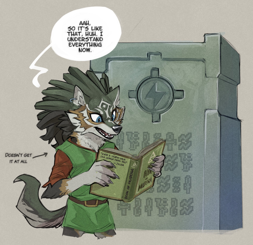 1boy, animal_ear_fluff, animal_ears, animal_hands, animal_nose, arrow_(symbol), belt, black_fur