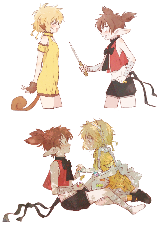 1boy, 1girl, animal_ears, apron, blonde_hair, braid, brown_hair, cafe_mew_mew_uniform
