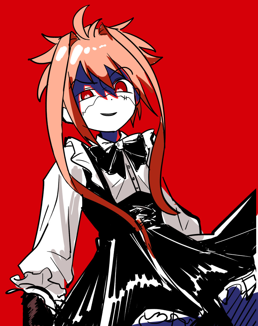 1boy, absurdres, antenna_hair, black_ribbon, black_skirt, collared_shirt, colored_skin, commentary_request