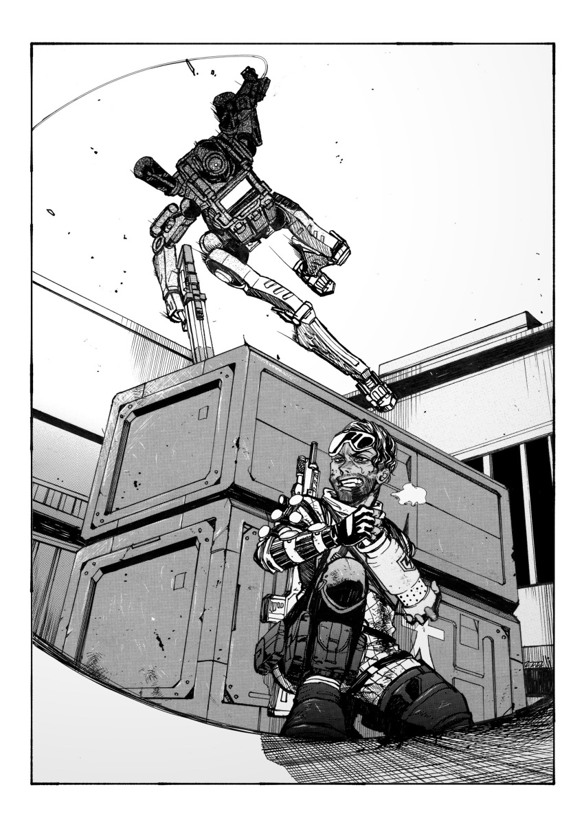 1boy, absurdres, animification, apex_legends, boots, cable, crate, dark-skinned_male