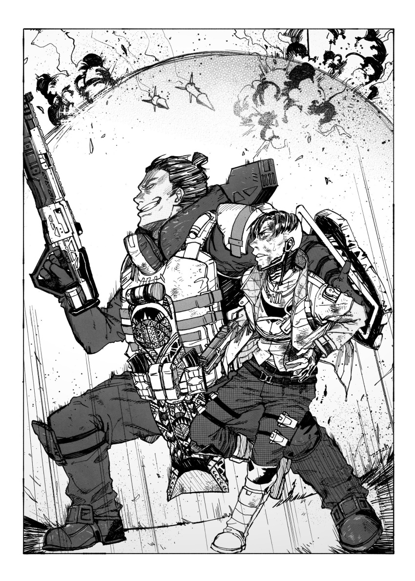 2boys, absurdres, alternator, animification, apex_legends, blood, crypto_(apex_legends), energy_barrier