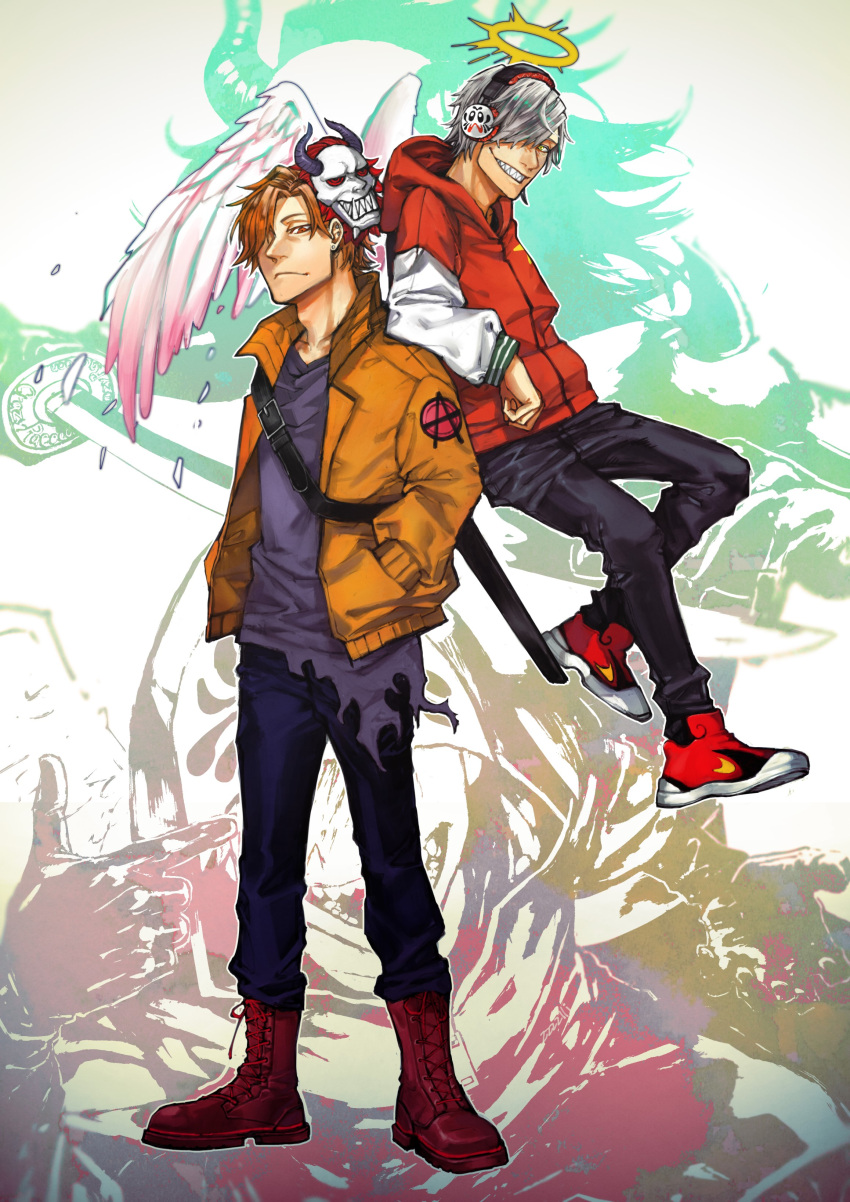 2boys, absurdres, arisakaaa_(crazy_raccoon), black_pants, blue_shirt, boots, brown_hair, crazy_raccoon