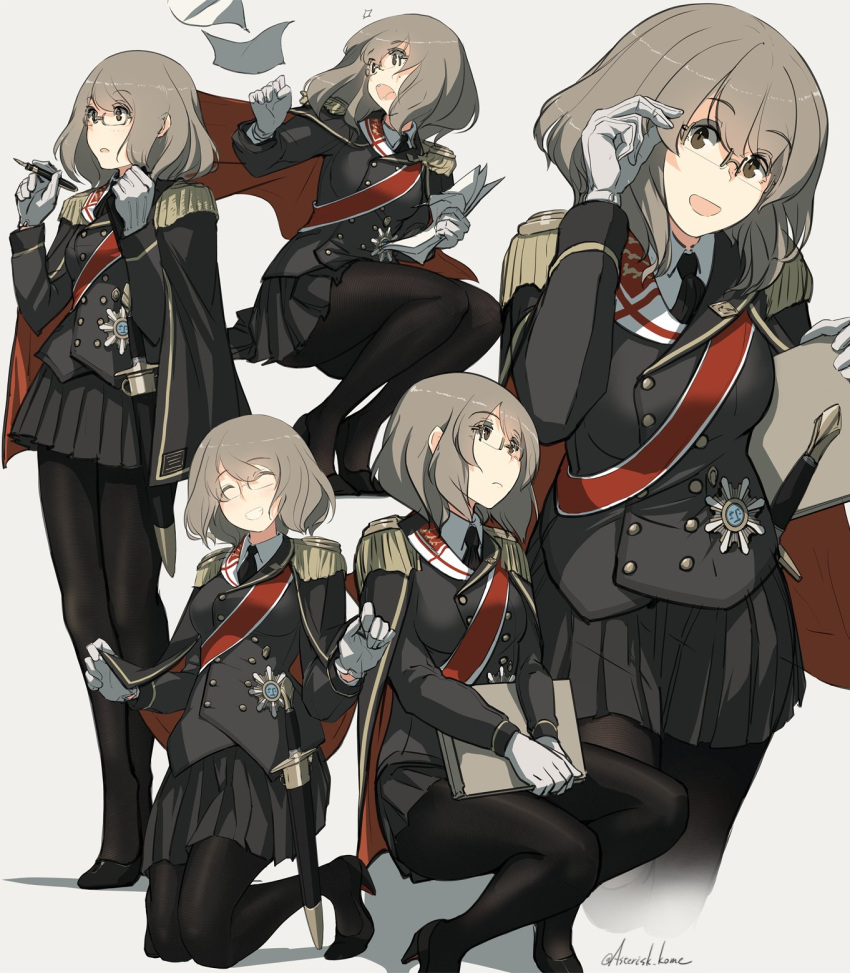 1girl, adjusting_hair, artist_name, asterisk_kome, bangs, black_cape, black_footwear, black_jacket
