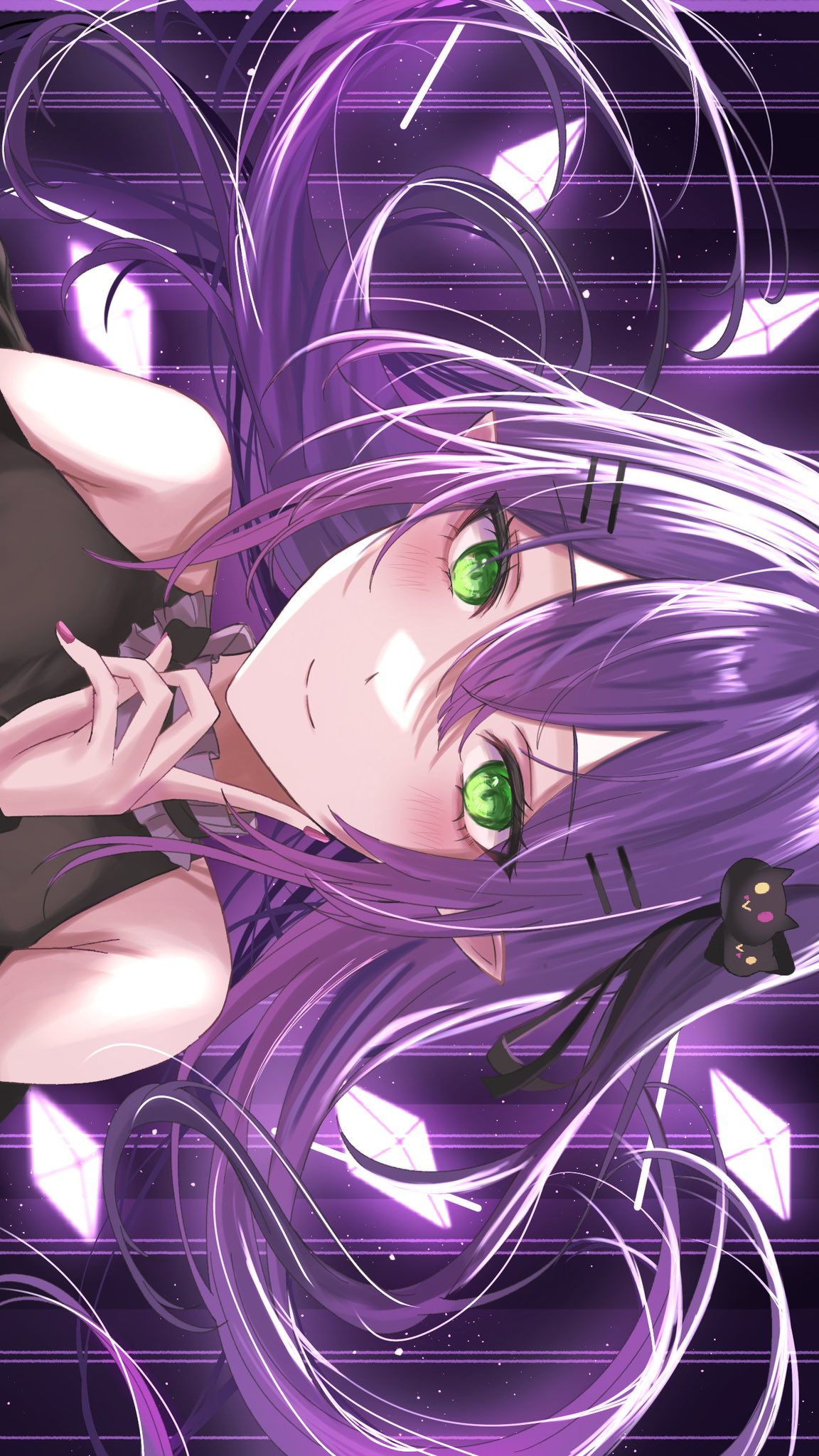 1girl, bare_shoulders, blush, closed_mouth, fingernails, garan_(garan0502), green_eyes, hair_ornament