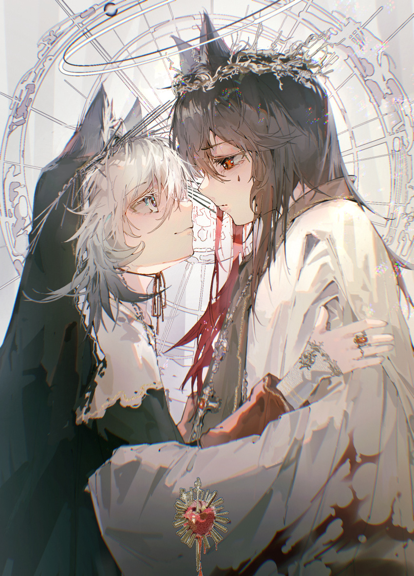 2girls, abulb, animal_ears, arknights, black_dress, black_hair, blood, blood_on_clothes, blush, closed_mouth, dress, eye_contact, facial_mark, from_side, grey_eyes, grey_hair, highres, lappland_(arknights), long_hair, long_sleeves, looking_at_another, multicolored_hair, multiple_girls, procreate_(medium), profile, red_eyes, redhead, smile, texas_(arknights), two-tone_hair, veil, wide_sleeves