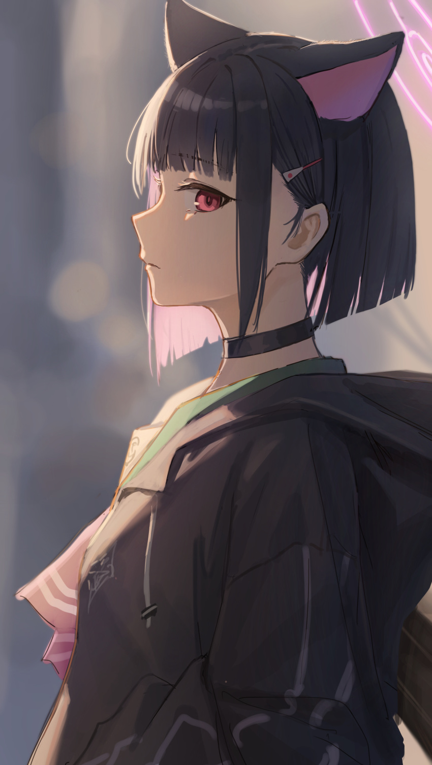 1girl, absurdres, animal_ears, bangs, black_choker, black_hair, black_hoodie, blue_archive, blurry, blurry_background, choker, closed_mouth, commentary_request, depth_of_field, drawstring, hair_ornament, hairclip, halo, highres, hood, hood_down, hoodie, kazusa_(blue_archive), looking_at_viewer, looking_to_the_side, multicolored_hair, pink_hair, profile, red_eyes, short_hair, solo, tadano_tarako, two-tone_hair, upper_body