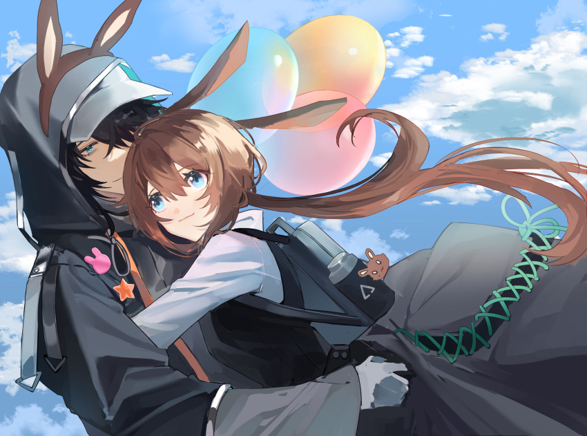 1boy, 1girl, amiya_(arknights), animal_ears, arknights, balloon, bangs, baseball_cap