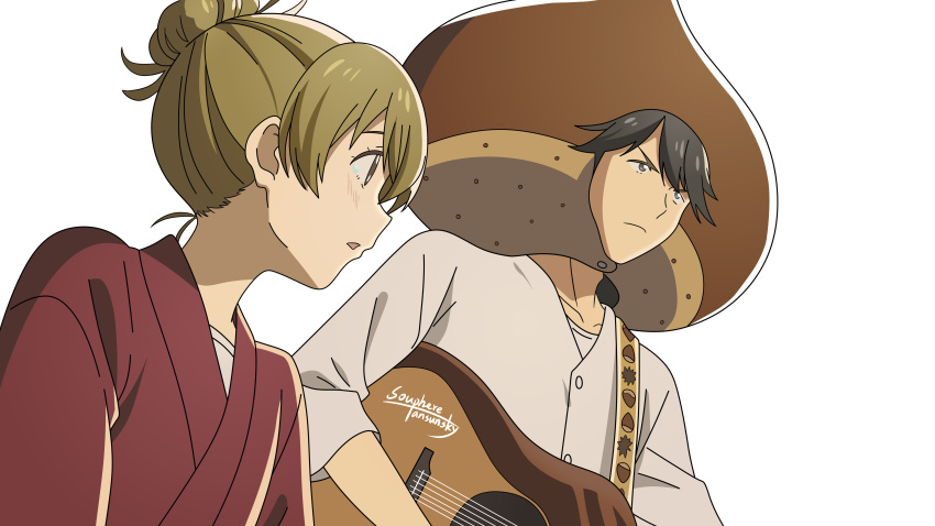 1boy, 1girl, absurdres, artist_name, black_eyes, black_hair, blush, brown_hair