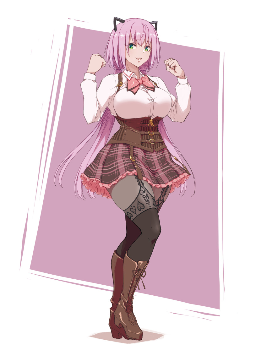 absurdres, animal_ears, assault_lily, bangs, belt, belt_buckle, black_thighhighs, boots, bow, bowtie, breasts, brown_belt, brown_footwear, brown_pantyhose, buckle, buttons, cat_ears, clenched_hands, collared_shirt, commentary_request, corset, cross-laced_footwear, dated_commentary, fake_animal_ears, frilled_skirt, frills, garter_straps, green_eyes, grin, hands_up, heart, heart_print, highres, knee_boots, lace-up_boots, large_breasts, long_hair, long_sleeves, looking_at_viewer, low_twintails, ludvico_private_girls'_academy_school_uniform, mabuta_kayumi, miniskirt, multiple_belts, pantyhose, parted_lips, pink_background, pink_bow, pink_bowtie, pink_hair, pink_skirt, plaid, plaid_skirt, print_legwear, school_uniform, shirt, simple_background, skirt, smile, standing, suspenders, thigh-highs, thighhighs_over_pantyhose, twintails, two-tone_background, underbust, very_long_hair, w_arms, white_background, white_shirt