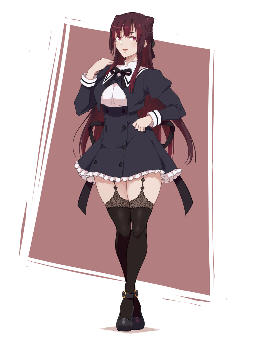 1girl, absurdres, alternate_hairstyle, ankle_strap, assault_lily, bangs, black_bow, black_footwear, black_ribbon, black_skirt, black_thighhighs, bow, braid, breasts, brown_background, buttons, commentary_request, cone_hair_bun, crossed_ankles, dated_commentary, double_bun, french_braid, frilled_skirt, frills, full_body, garter_straps, gozen_(assault_lily), hair_bow, hair_bun, hand_on_hip, hand_up, high-waist_skirt, highres, juliet_sleeves, long_hair, long_sleeves, looking_at_viewer, mabuta_kayumi, medium_breasts, miniskirt, neck_ribbon, parted_lips, pink_eyes, puffy_sleeves, redhead, ribbon, school_uniform, shirt, shoes, sidelocks, skirt, smile, solo, standing, thigh-highs, two-tone_background, very_long_hair, white_background, white_shirt, yurigaoka_girls_academy_school_uniform