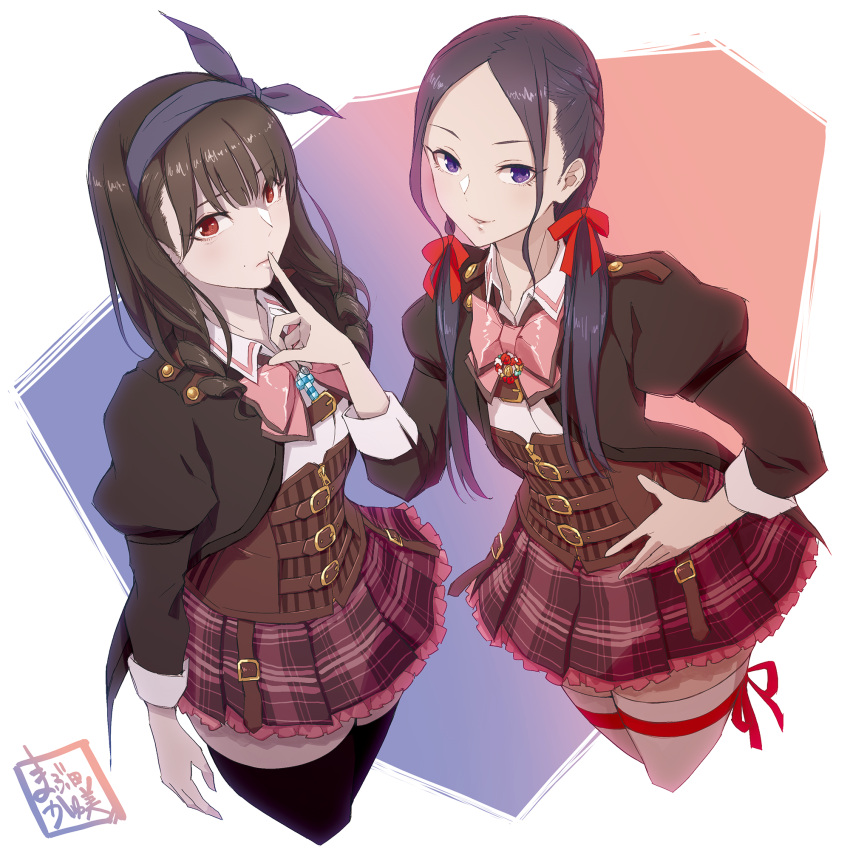 arm_at_side, artist_name, assault_lily, bangs, belt, belt_buckle, black_hair, black_ribbon