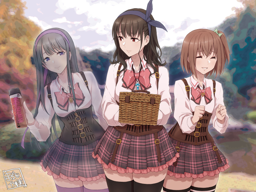 3girls, absurdres, amamiya_sophia_seren, artist_name, assault_lily, bangs, basket, belt