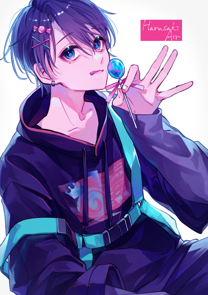 1boy, absurdres, black_hoodie, blue_eyes, candy, character_name, earrings, food
