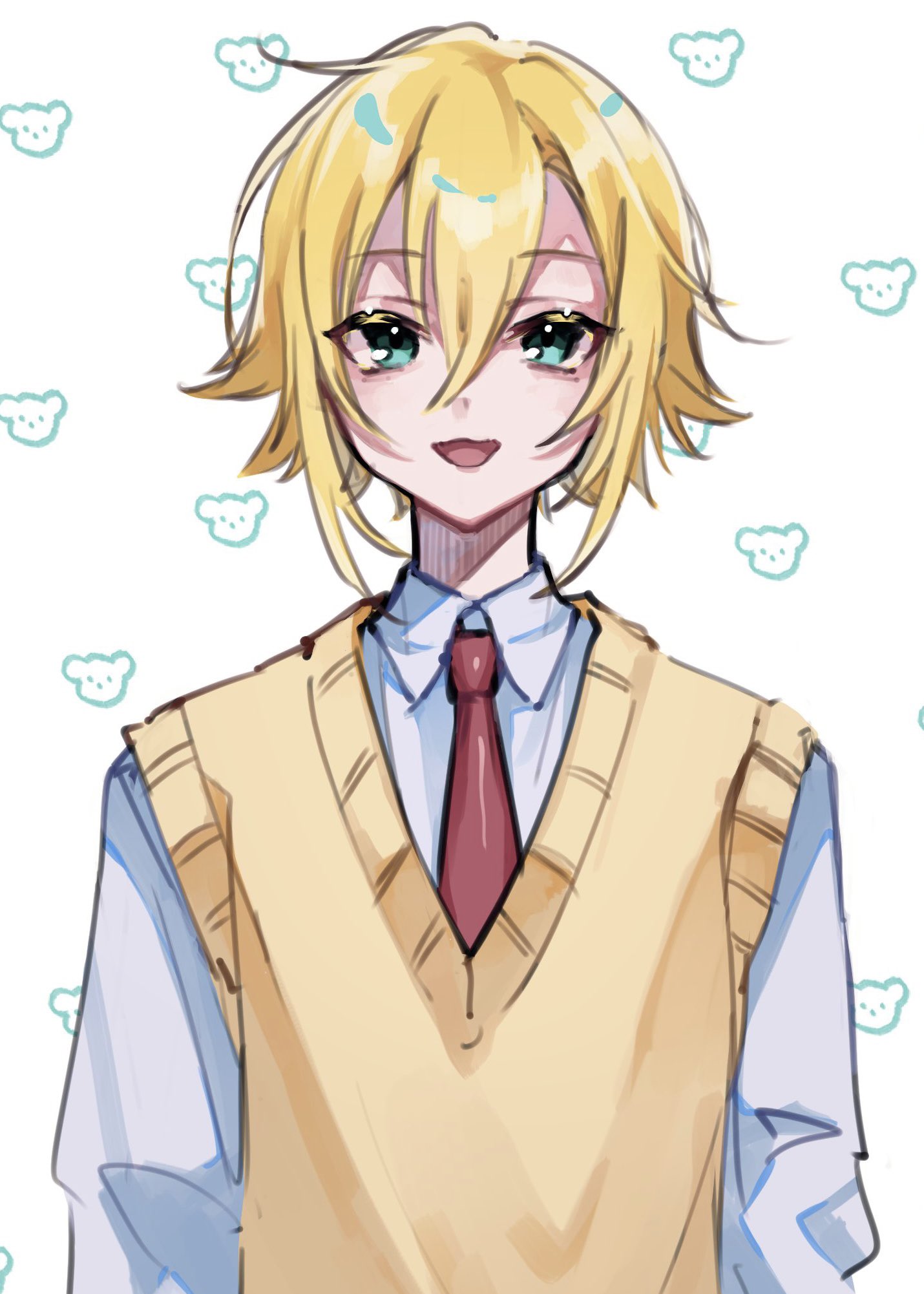 1boy, blonde_hair, collared_shirt, green_eyes, highres, long_sleeves, looking_at_viewer, male_focus