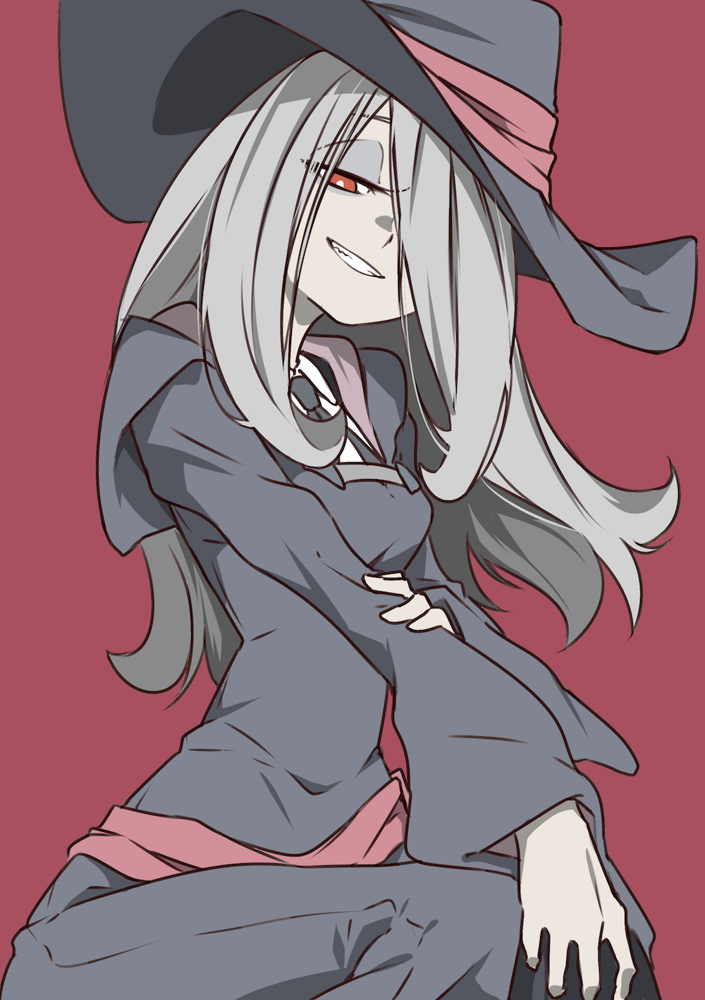 1girl, commentary_request, eyeshadow, fangs, grin, hair_over_one_eye, half-closed_eyes, hand_on_own_arm