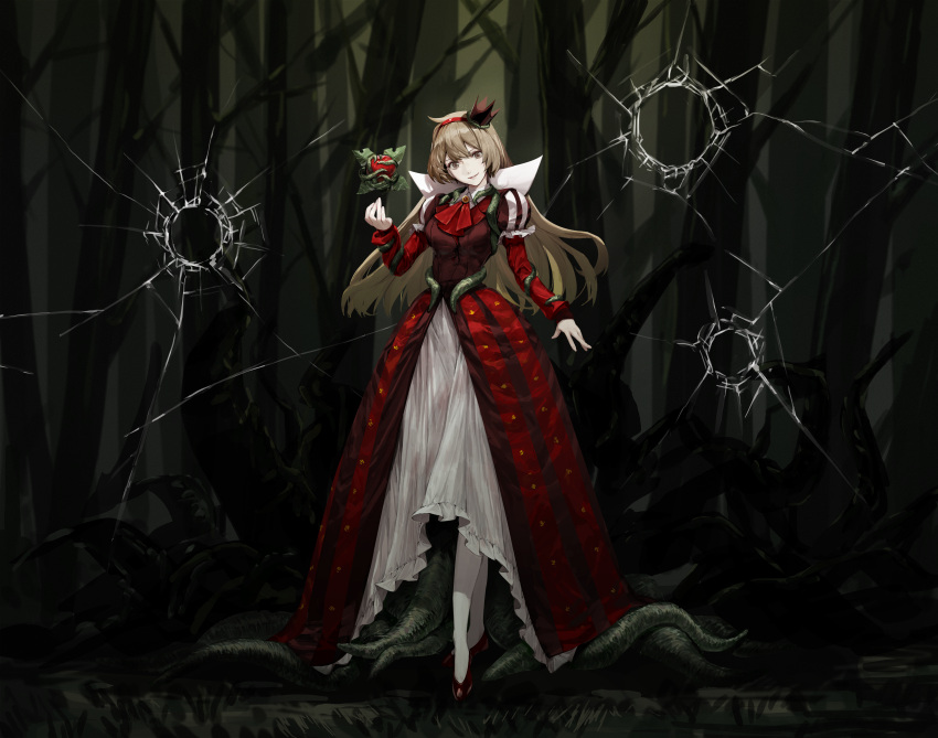 1girl, absurdres, apple, broken_glass, brooch, brown_eyes, brown_hair, bullet_hole