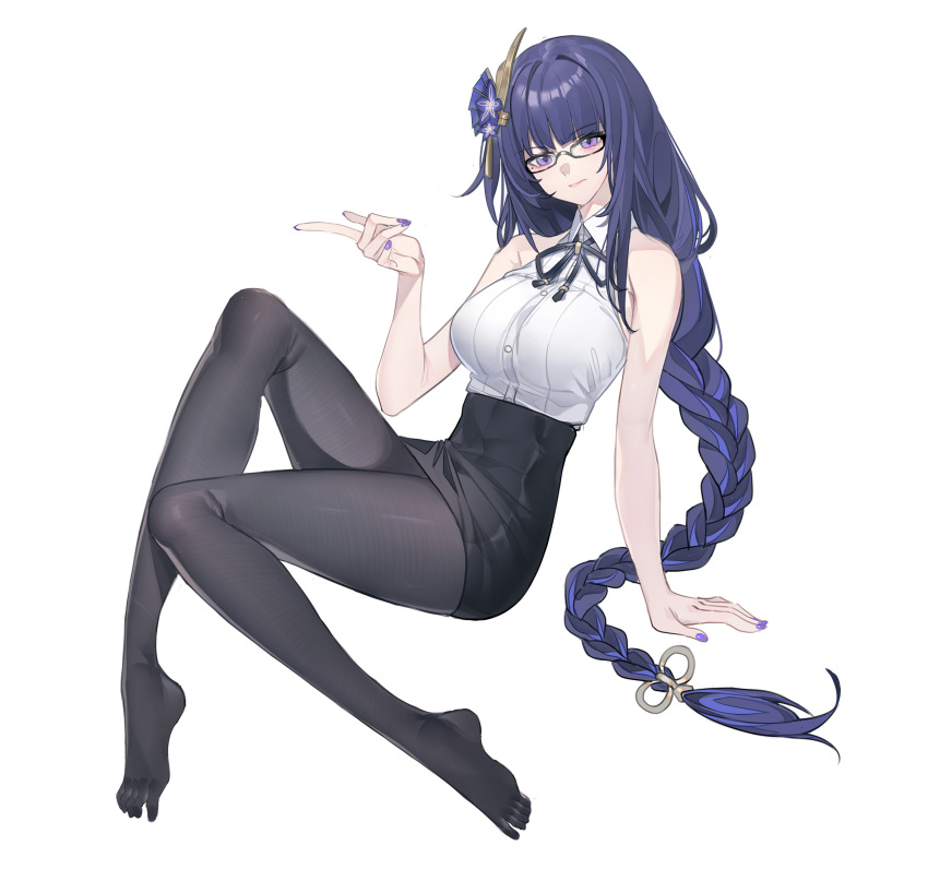 1girl, black_leggings, black_pantyhose, black_skirt, black_thighhighs, braid, braided_ponytail, breasts