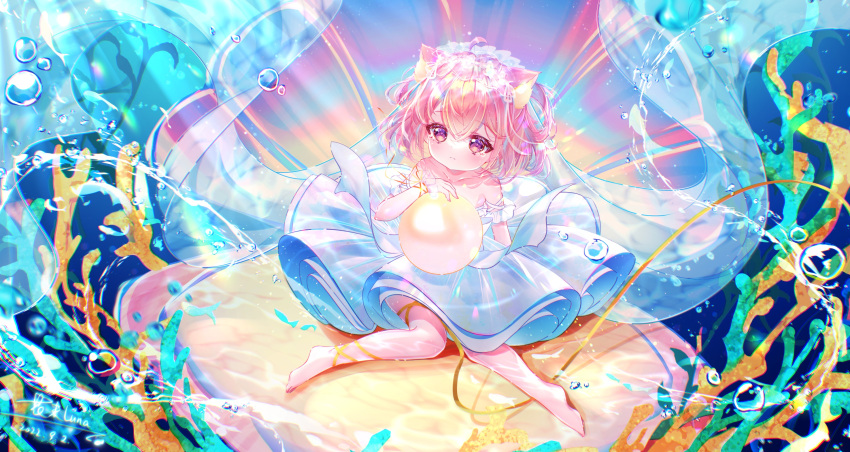1girl, animal_ears, barefoot, cat_ears, chinese_commentary, clam_shell, commentary_request, dated