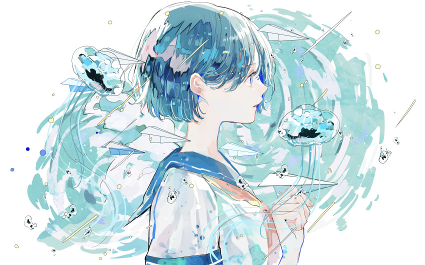 1girl, blue_eyes, blue_hair, blue_sailor_collar, blue_theme, bob_cut, breasts, commentary_request