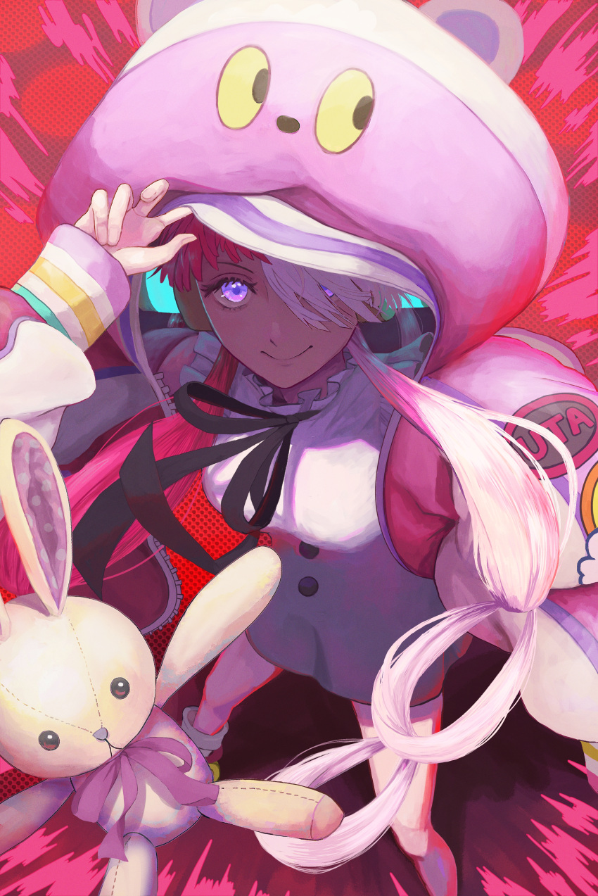 1girl, abstract_background, absurdres, animal_hood, bare_legs, black_bow, black_bowtie, bow