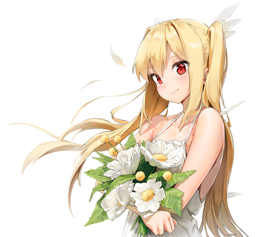 1girl, bangs, bare_shoulders, blonde_hair, blush, bouquet, breasts, camisole
